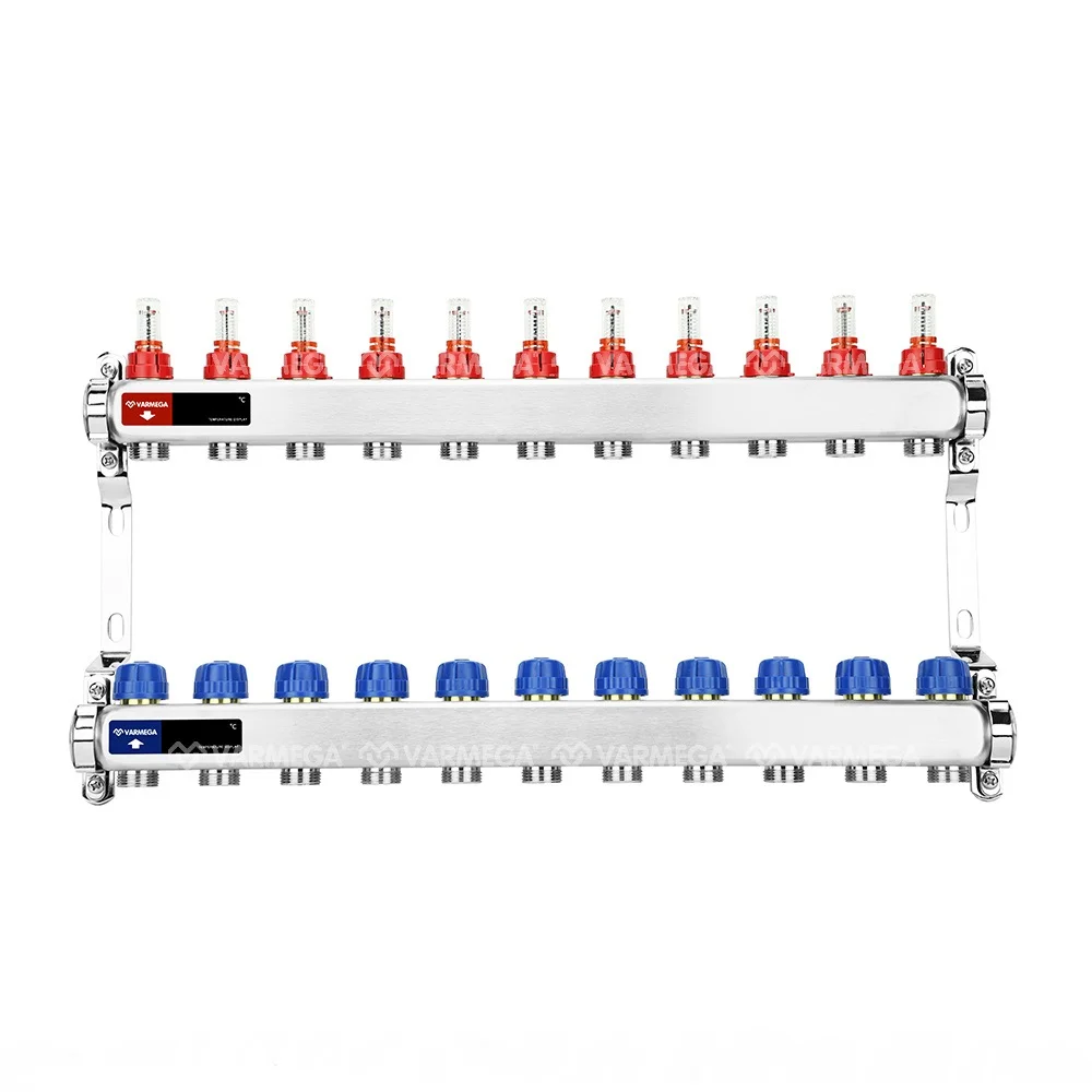Фото - Коллекторная группа с расходомерами Varmega VM15111 ВР 1", на 11 контуров 3/4" EK, нержавеющая сталь